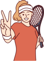 Woman tennis player demonstrates victory gesture before tournament or championship png