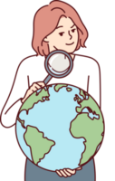 Woman with magnifying glass holds globe studying geography or choosing place for further travel png