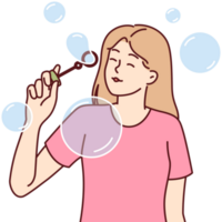 Teenager girl blows soap bubbles enjoying presence free time and absence of urgent matters png