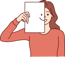 Happy woman covers half of face with paper with smiling emoticon, wanting to share good mood png