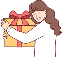 Teenage girl with big gift box with red ribbon smiling overjoyed at unexpected surprise png