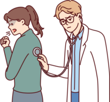 Doctor uses stethoscope examining coughing patient and auscultating woman suffering from flu png