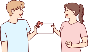 Man and woman with gift certificate in hands rejoice at receiving invitation card png