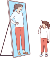 pequeño niña mira en espejo, Sierra reflexión de adulto mujer y Sueños de convirtiéndose adulto png