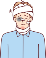slagen man med bandage på hans huvud och plåster på hans ansikte efter olycka eller katastrof png