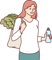 mulher com reutilizável eco compras saco e reciclado plástico garrafa retorna a partir de agricultor mercado png