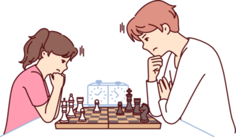 Game of chess between man and teenage girl during training of professional grandmaster png