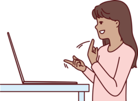 silencioso Adolescência menina usando computador portátil e placa língua fazer vídeo ligar para amigos ou escola professor png