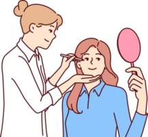 kvinna kosmetolog gör smink av patient med spegel genomgå estetisk behandling png