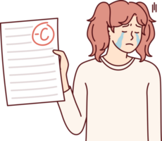 Unhappy crying teenage girl depressed because of negative mark on test or exam paper png