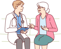 idosos mulher com médico sentar em sofá reclamando para hospital empregado sobre saúde problemas png
