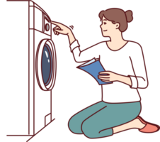 Woman turns on washing machine on knees with paper instruction with rules for using equipment png