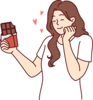 feliz mulher desfrutando gosto do Sombrio chocolate usando doce sobremesa para Beliscando e removendo fome png