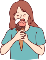 Teenage girl eats sweet fruity or chocolate flavored ice cream for freshness in hot summer weather png