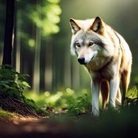 cerca arriba lobo en el bosque, creado con generativo ai foto