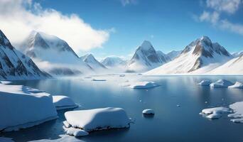 Arctic landscape view of snow mountain ocean and blue sky, created with photo