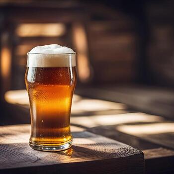 Close up a pint of beer on retro vintage wood table in a rustic setting, created with technology photo