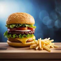 Close up of food french fries and hamburger, created with technology photo