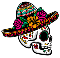 Side view of a Decorated Sugar skull with mexican hat isolated. Day of the Dead. png