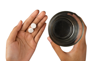 hand holding medicine and a glass of water isolated png