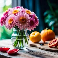 Close up colorful flower bouquet on retro vintage wood table, created with technology photo