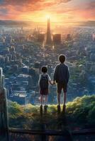 illustration of a boy and sister on a hill looking at a death city photo