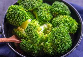 Close-up of green fresh vegetable broccoli. Fresh green broccoli on a pan. Broccoli vegetable is full of health. Vegetables for diet and healthy eating.Top view photo