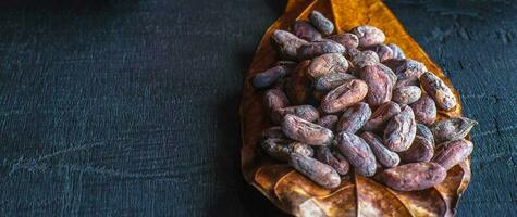 Close-up of dried brown cocoa beans on cocoa leaves, raw material for making chocolate. photo