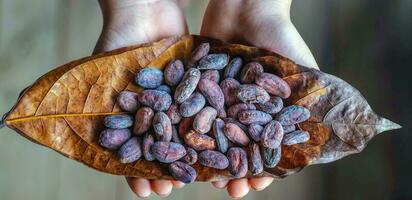 Top view of dried brown cocoa beans on cocoa leaves in hand, raw material for making chocolate. photo