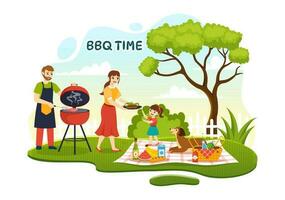 Barbecue and Grill Set Vector Illustration Kids Grilling or BBQ Party Food at Park in Festival and Summer Cooking Cartoon Hand Drawn Templates