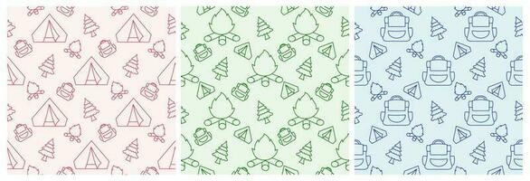 Set of Summer Camp Seamless Pattern Design of Camping and Traveling in Template Hand Drawn Cartoon Flat Illustration vector