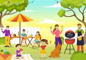 Barbecue and Grill Set Vector Illustration Kids Grilling or BBQ Party Food at Park in Festival and Summer Cooking Cartoon Hand Drawn Templates