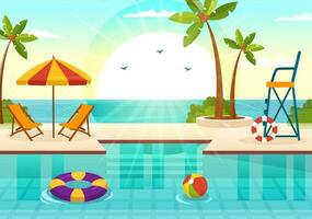 Swimming Pool Vector Illustration with Summer Vacation Landscape Concept and Swim Summer Activity in Flat Cartoon Hand Drawn Background Templates