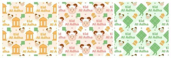 Set of Happy Eid Al Adha Mubarak Seamless Pattern of Muslims Celebration with Sacrificial Animals in Template Hand Drawn Cartoon Flat Illustration vector