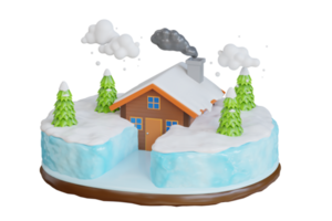 House Building in Forest Covered Snow 3D illustration. house under winter snowfall. Winter Season Blizzard Warning png