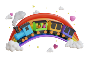 3d illustratie van kinderen Aan een speelgoed- trein. speelgoed- trein, 3d beeld van een kleurrijk locomotief, wagons en spoorweg. png