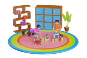 3d illustration of children playing with colorful toy blocks. playing colorful wood blocks stack game. Creative playing of kid development concept png