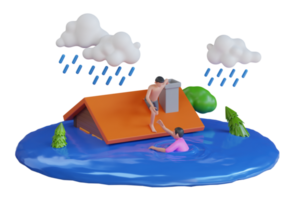 3D Flood in town, natural disaster with rain at countryside area with flooded buildings. Flood natural disaster with house, heavy rain and storm , damage with home, flooding water in city. png