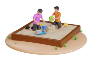kinderen spelen in de zandbak. zand pit kinderen speelplaats. bouwt kastelen van zand. kinderen speelplaats. 3d illustratie png