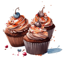 Sweet Chocolate Cupcake with cherry watercolor, isolated object transparent background, watercolor illustration, png