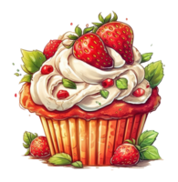 Sweet Red Velvet Cupcake with strawberry watercolor, isolated object transparent background, watercolor illustration, png