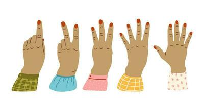 Hands count, counting on the fingers Hand gesture vector illustration isolated. Numbers on the hands. Hand smudge. different nationalities races Diverse society Cartoon style