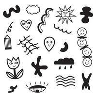 Hand drawn funny abstract shapes. Doodle abstract shapes with eyes and face emotions. Vector illustration isolated on white background.