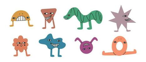 Hand drawn funny abstract monsters. Doodle geometric shapes with eyes and face emotions. Vector illustration isolated on white background.