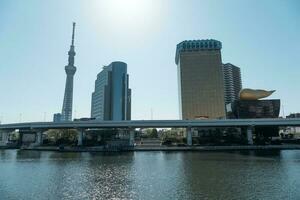 TOKYO, JAPAN - APRIL 9, 2023 Skyline building and Tokyo Skytree tower, famous landmark near Sumida river, view from Asakusa district in Tokyo, Japan photo