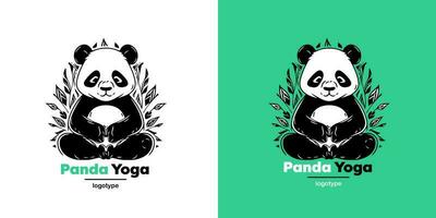 Vector Logo Illustration Panda Simple Mascot of Yoga Style. Logotype mark design template on white and green background.