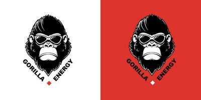 Gorilla in sunglasses logotype vector illustration on a white and red background. Logo mark design template