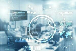 Corporate background. Business intelligence BI Key performance indicator KPI Analysis dashboard transparent blurred office background. photo