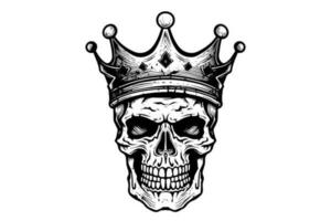 Human skull in a crown in woodcut style. Vector engraving sketch illustration for tattoo and print design.