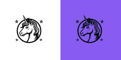 Black silhouette of graceful unicorn framed and stars logotype. Fairy tale symbol. Vector flat icon on white and purple background. Magic logo